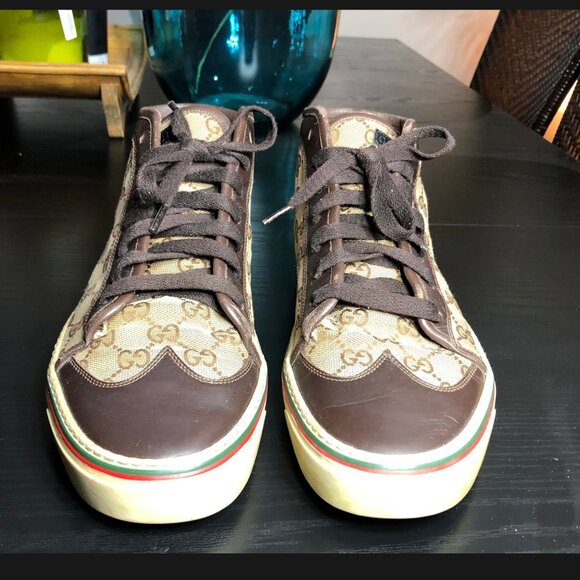 Gucci GG Wingtip Canvas High Top Sneakers Beige Brown 163236 9G Men’s US 10 - Picture 9 of 11